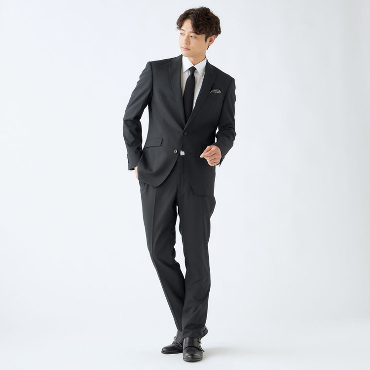 ブラックライン 【KSW】【春夏】スペアパンツ付き/2釦シングルスーツ 0タック/ブラック×シャドーストライプ/ウォッシャブル/※裾上げ必要 黒