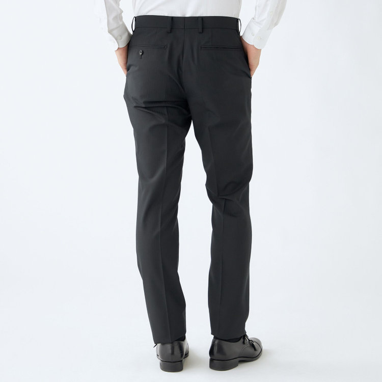 ブラックライン 【KSW】【春夏】スペアパンツ付き/2釦シングルスーツ 0タック/ブラック×シャドーストライプ/ウォッシャブル/※裾上げ必要 黒