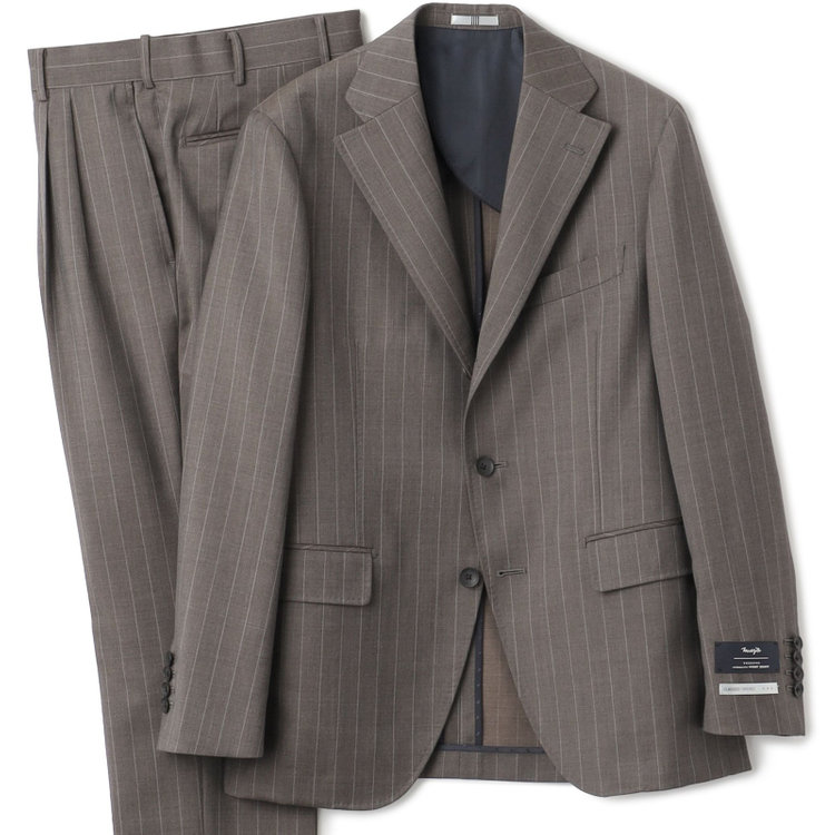 シルバーライン 【発送在庫あり】【CLASSICO TAPERED】【春夏】3釦段返りシングルスーツ 2タック/ブラウン×ストライプ/ウエストムーブ仕様/MARZOTTO/※パンツ裾直し必要 茶中間