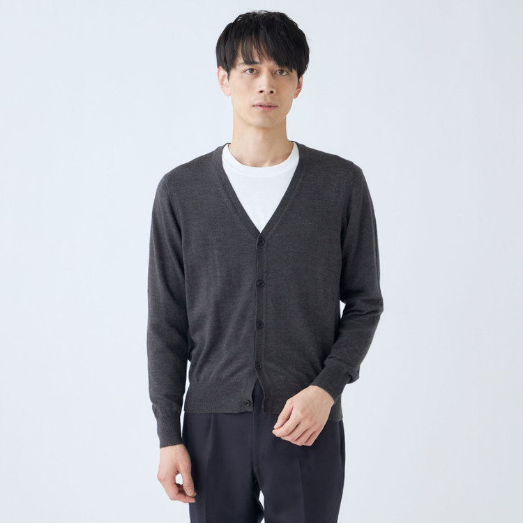 スーツセレクト 【RBC】【秋冬】ウール100%ニットカーディガン/グレー/ZEGNA BARUFFA/マシンウォッシャブル グレー濃色