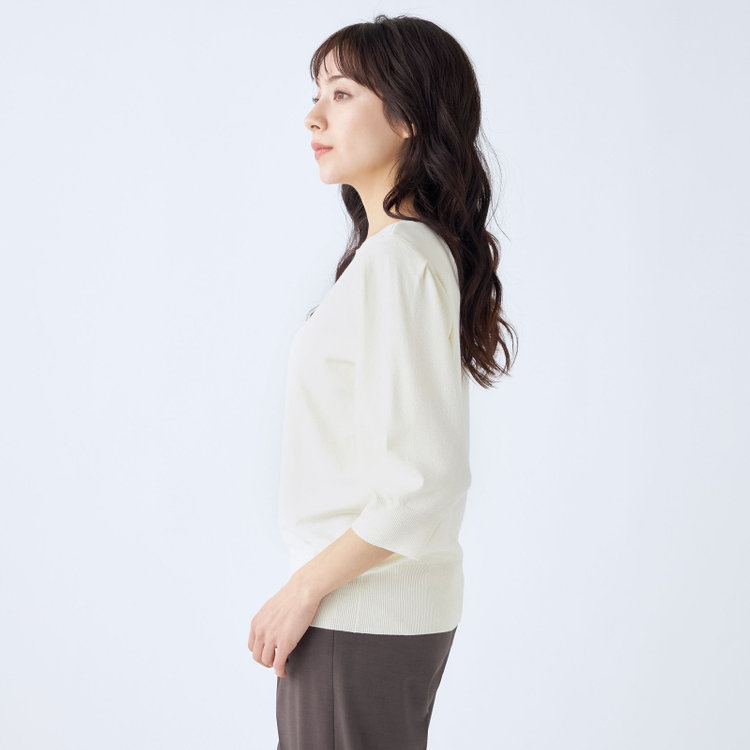 シルバーライン 【SILVER LINE/５分袖】ラメ天竺編みボートネックニット/ホワイト×ベージュゴールド 白