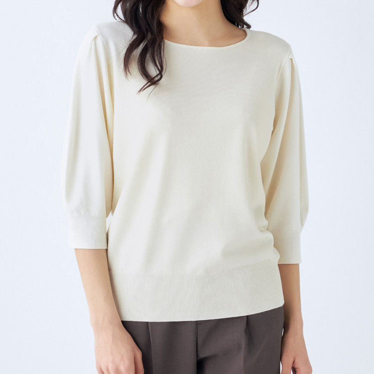 シルバーライン 【SILVER LINE/５分袖】ラメ天竺編みボートネックニット/ホワイト×ベージュゴールド 白