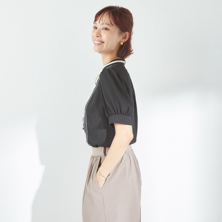 スーツセレクト 【半袖】リボン付きバンドカラーブラウス/ブラック 黒