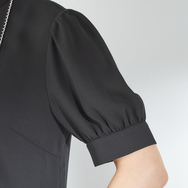 スーツセレクト 【半袖】リボン付きバンドカラーブラウス/ブラック 黒