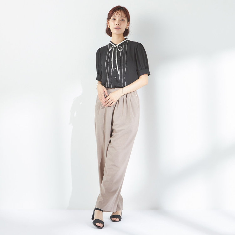 スーツセレクト 【半袖】リボン付きバンドカラーブラウス/ブラック 黒