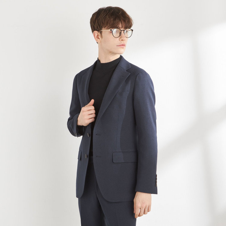 シルバーライン 【CLASSICO TAPERED】【秋冬】2釦シングルスーツ 1タック/ネイビー＆ブラック×ハウンドトゥース/ウエストムーブ/4S SUSTAINABILITY&ECOLOGY FABRIC/※パンツ裾上げ済仕様 紺中間