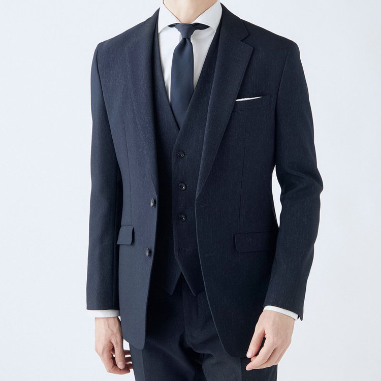 ブラックライン 【SLIM TAPERED_2】【秋冬】2釦シングルスリーピーススーツ 0タック/ネイビー/ウエストシャーリング/4S SUSTAINABILITY&ECOLOGY FABRIC/※パンツ裾上げ済仕様 紺濃色