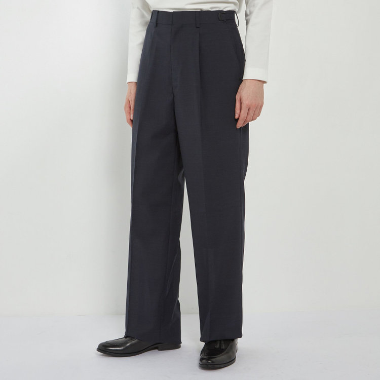 ソノタ 【BLACK LINE】【春夏】1タックワイドシルエットパンツ/ネイビー×サイロフィル/NEW ZEALAND WOOL MIX Super100’s/※裾上げ必要 紺中間