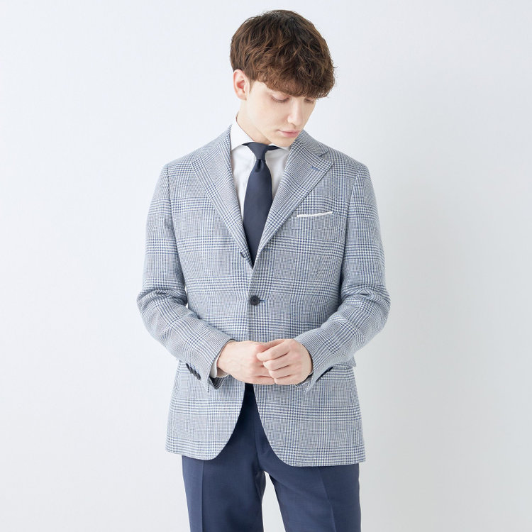シルバーライン 【CLASSICO TAPERED】【春夏】リネンウールワイドラペル3釦段返りジャケット/ブルー＆ホワイト×チェック/DRAGO lanificio in billa fabric made in italy 青中間