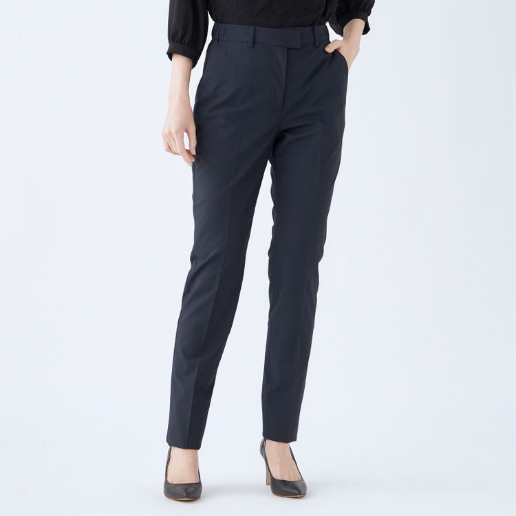 【就活.】【年間】【BL】ストレートパンツ/ネイビー/ウエストシャーリング/ウォッシャブル＆ストレッチ/裾上げ必要
