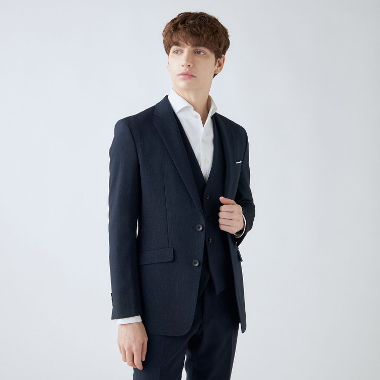 ブラックライン 【SLIM TAPERED_2】【秋冬】2釦シングルスリーピーススーツ 0タック/ネイビー/ウエストシャーリング/4S SUSTAINABILITY&ECOLOGY FABRIC/※パンツ裾上げ済仕様 紺濃色