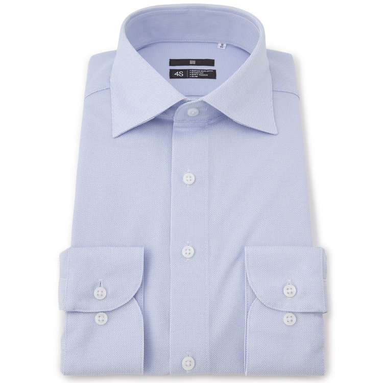 スーツセレクト 【発送在庫あり】【BLACK LINE】ワイドカラーワイシャツ/ブルー×ドビー/「4S」スーパーノンアイロン・ストレッチ 青淡色