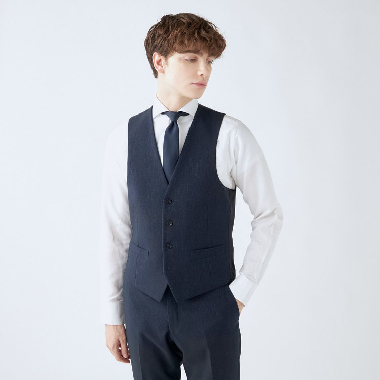 ブラックライン 【SLIM TAPERED_2】【秋冬】2釦シングルスリーピーススーツ 0タック/ネイビー/ウエストシャーリング/4S SUSTAINABILITY&ECOLOGY FABRIC/※パンツ裾上げ済仕様 紺濃色