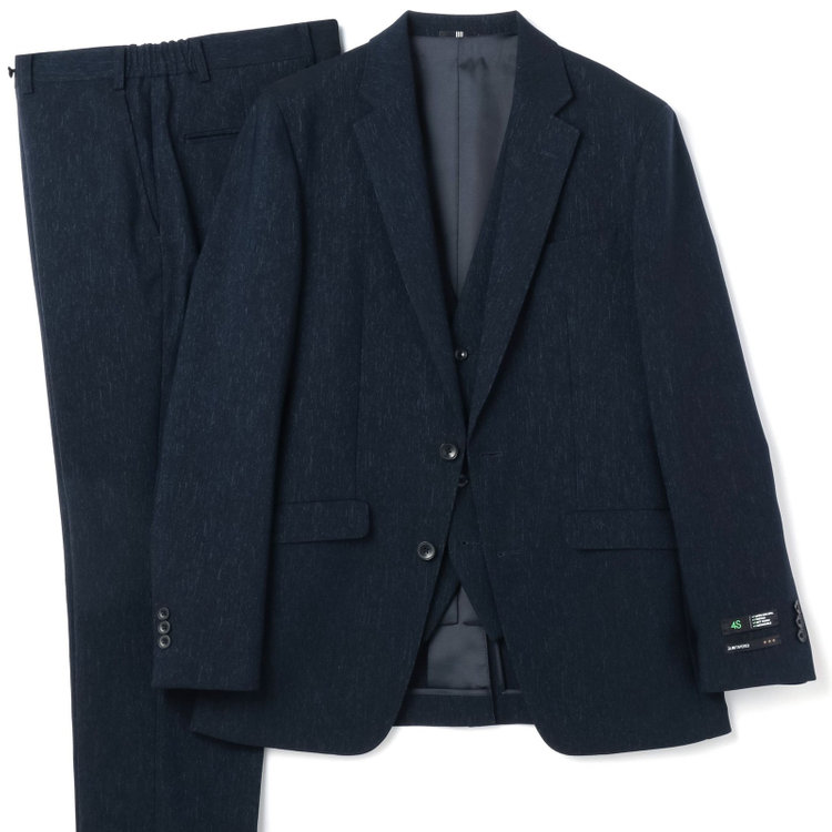 ブラックライン 【SLIM TAPERED_2】【秋冬】2釦シングルスリーピーススーツ 0タック/ネイビー/ウエストシャーリング/4S SUSTAINABILITY&ECOLOGY FABRIC/※パンツ裾上げ済仕様 紺濃色