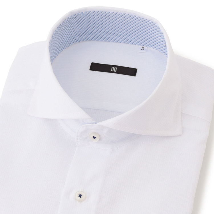 ブラックライン 【BLACK LINE】【形態安定】ホリゾンタルワイドワイシャツ/ホワイト×ドビーストライプ/襟.袖口別布／釦付糸：ネイビー 白