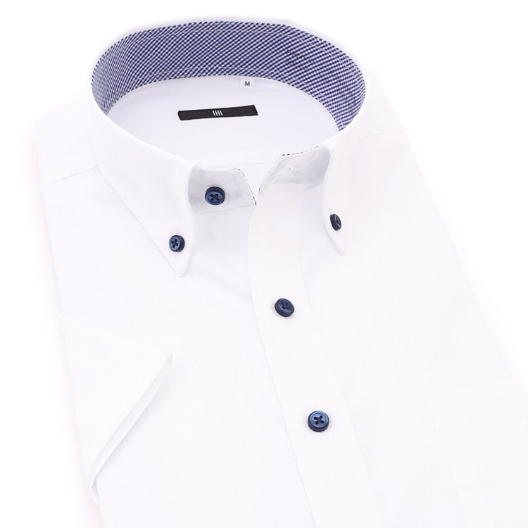 SUIT SELECT　アウトレット 【WEB限定/OUTLET/汚れ・キズ等有】【発送在庫あり】【BLACK LINE/半袖】【形態安定】ボタンダウンドレスワイシャツ/ホワイト×ドビーツイル/釦・釦付糸：ネイビー 白