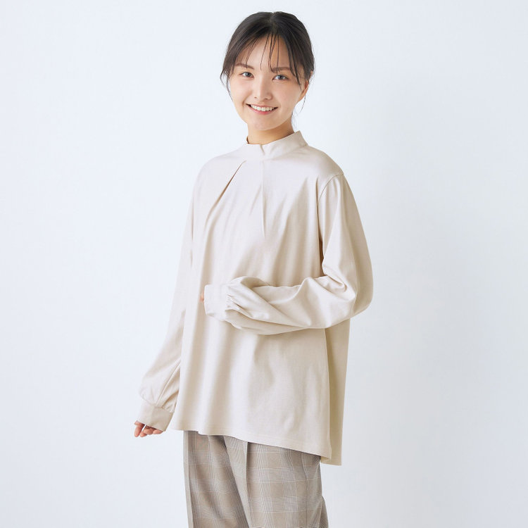 シルバーライン  【SL/長袖】モックネック/バルーン袖/ベージュ/「2WAYストレッチ」「ウォッシャブル可能」「汗じみ軽減」 茶淡色