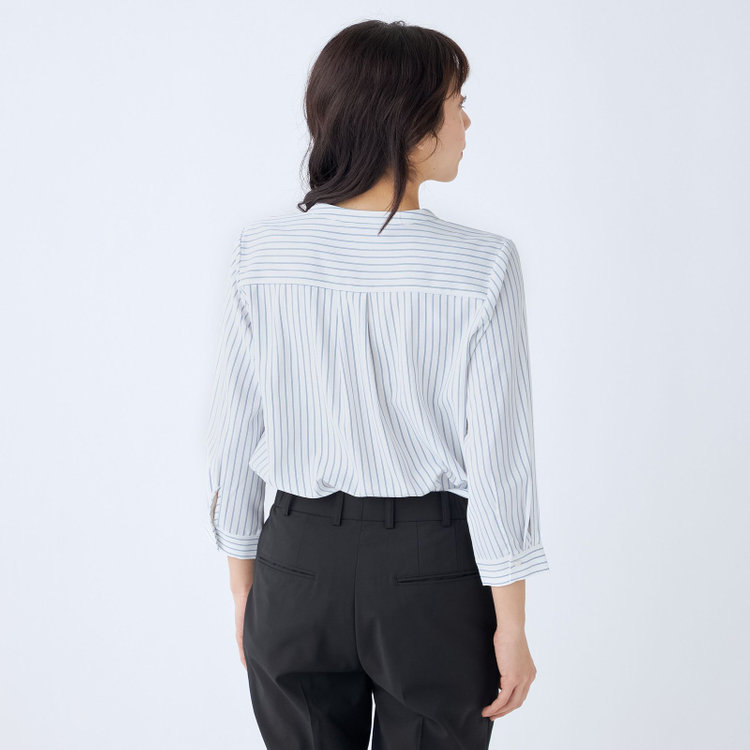 シルバーライン 【SILVER LINE/7分袖】バンドカラープルオーバー/ホワイト×ネイビー/「ウォッシャブル可能」「2WAYストレッチ」「防シワ」「UV加工」「接触冷感」 紺中間