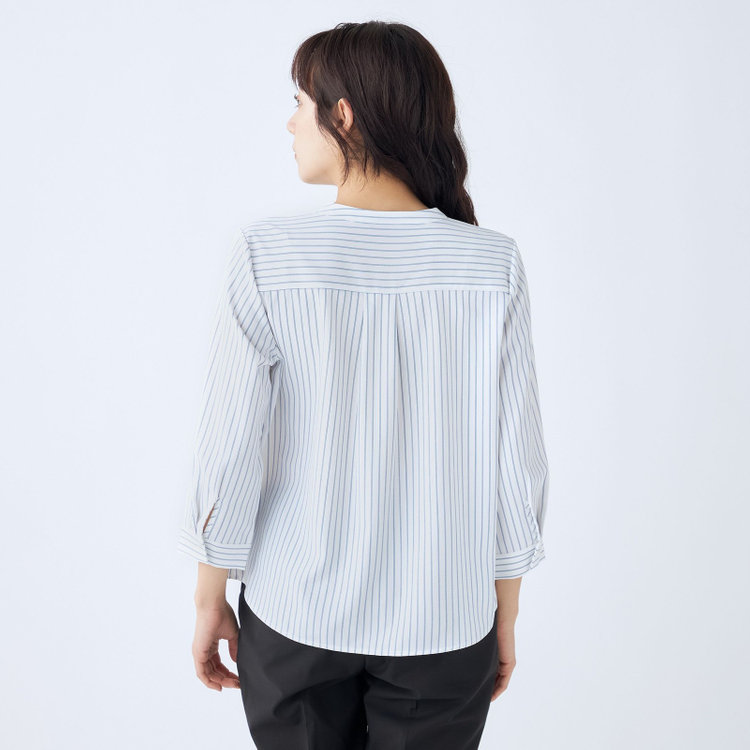 シルバーライン 【SILVER LINE/7分袖】バンドカラープルオーバー/ホワイト×ネイビー/「ウォッシャブル可能」「2WAYストレッチ」「防シワ」「UV加工」「接触冷感」 紺中間