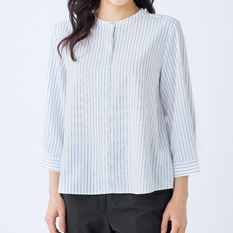 シルバーライン 【SILVER LINE/7分袖】バンドカラープルオーバー/ホワイト×ネイビー/「ウォッシャブル可能」「2WAYストレッチ」「防シワ」「UV加工」「接触冷感」 紺中間