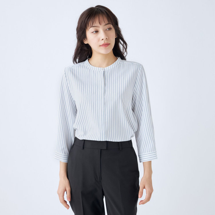 シルバーライン 【SILVER LINE/7分袖】バンドカラープルオーバー/ホワイト×ネイビー/「ウォッシャブル可能」「2WAYストレッチ」「防シワ」「UV加工」「接触冷感」 紺中間