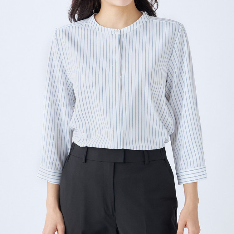 シルバーライン 【SILVER LINE/7分袖】バンドカラープルオーバー/ホワイト×ネイビー/「ウォッシャブル可能」「2WAYストレッチ」「防シワ」「UV加工」「接触冷感」 紺中間