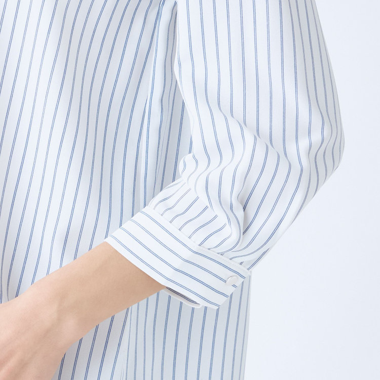 シルバーライン 【SILVER LINE/7分袖】バンドカラープルオーバー/ホワイト×ネイビー/「ウォッシャブル可能」「2WAYストレッチ」「防シワ」「UV加工」「接触冷感」 紺中間