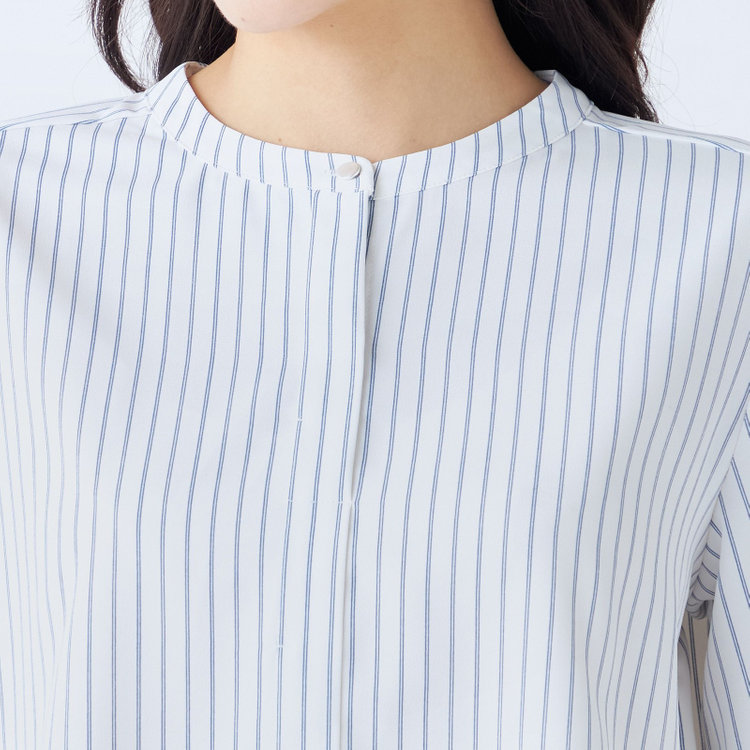 シルバーライン 【SILVER LINE/7分袖】バンドカラープルオーバー/ホワイト×ネイビー/「ウォッシャブル可能」「2WAYストレッチ」「防シワ」「UV加工」「接触冷感」 紺中間