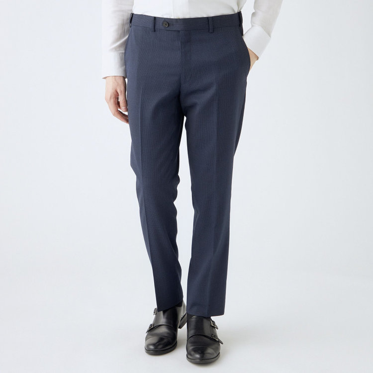 シルバーライン 【4S CROSS】【年間】セットアップパンツ 0タック/ネイビー×ハウンドトゥース/ウエストムーブ/※裾上げ済仕様 紺中間