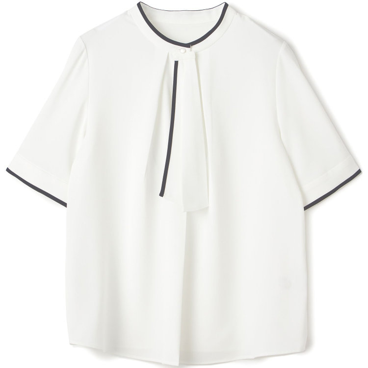 【SILVER LINE/5分袖】配色タイ脱着式/ホワイト/「ウォッシャブル」「ストレッチ」「防シワ」「UV加工」「接触冷感」