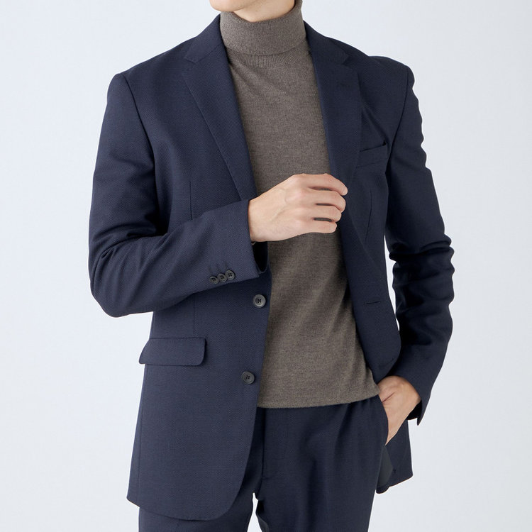 ブラックライン 【SLIM TAPERED_2】【秋冬】2釦シングルスーツ 0タック/ネイビー×バーズアイ/ウエストシャーリング/4S SUSTAINABILITY&ECOLOGY FABRIC/※パンツ裾上げ済仕様 紺中間