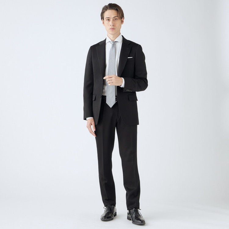 シルバーライン 【CLASSICO TAPERED】【年間】【フォーマル対応可】2釦シングルフォーマルスーツ 1タック/ブラック×ソリッド/BISHU JAPAN FABRIC Super100's/ウエストサイドアジャスター仕様/※裾上げ必要 黒
