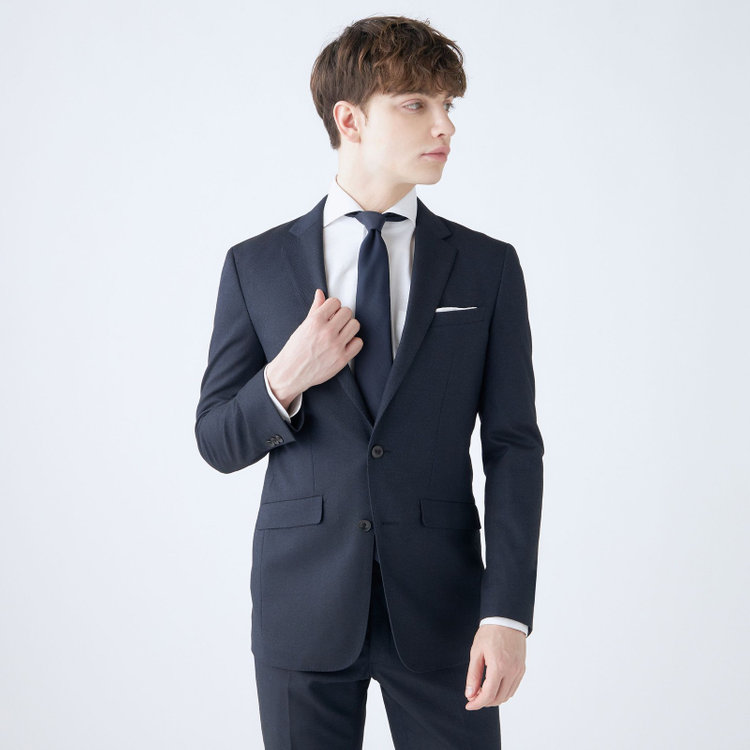 ブラックライン 【SLIM TAPERED_2】【秋冬】2釦シングルスーツ 0タック/ネイビー×ツイル/ウエストシャーリング/4S SUSTAINABILITY&ECOLOGY FABRIC/ウォッシャブル/※パンツ裾上げ済仕様 紺中間