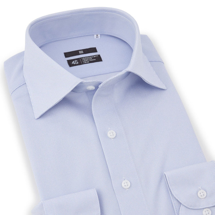 スーツセレクト 【発送在庫あり】【BLACK LINE】ワイドカラーワイシャツ/ブルー×ドビー/「4S」スーパーノンアイロン・ストレッチ 青淡色