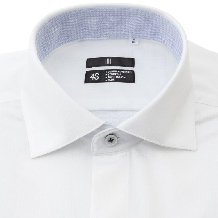 ブラックライン 【発送在庫あり】【BL】ワイドカラーワイシャツ/ホワイト×ドビーストライプ/襟袖裏別布：サックスハウンドトゥース/釦付け糸：ネイビー/「4S」スーパーノンアイロン・ストレッチ 白
