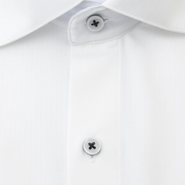 ブラックライン 【発送在庫あり】【BL】ワイドカラーワイシャツ/ホワイト×ドビーストライプ/襟袖裏別布：サックスハウンドトゥース/釦付け糸：ネイビー/「4S」スーパーノンアイロン・ストレッチ 白