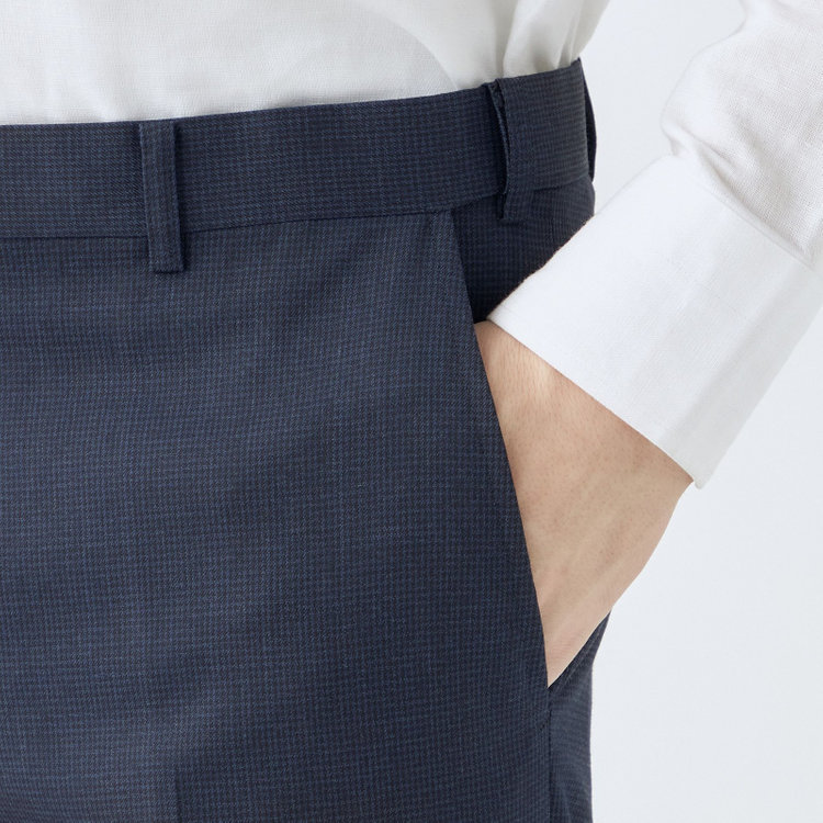 シルバーライン 【4S CROSS】【年間】セットアップパンツ 0タック/ネイビー×ハウンドトゥース/ウエストムーブ/※裾上げ済仕様 紺中間