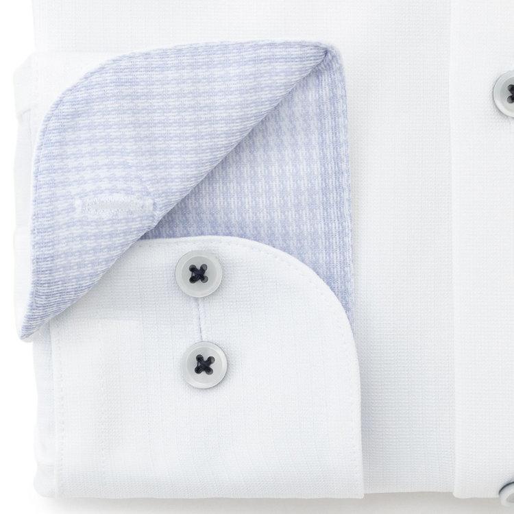 ブラックライン 【発送在庫あり】【BL】ワイドカラーワイシャツ/ホワイト×ドビーストライプ/襟袖裏別布：サックスハウンドトゥース/釦付け糸：ネイビー/「4S」スーパーノンアイロン・ストレッチ 白