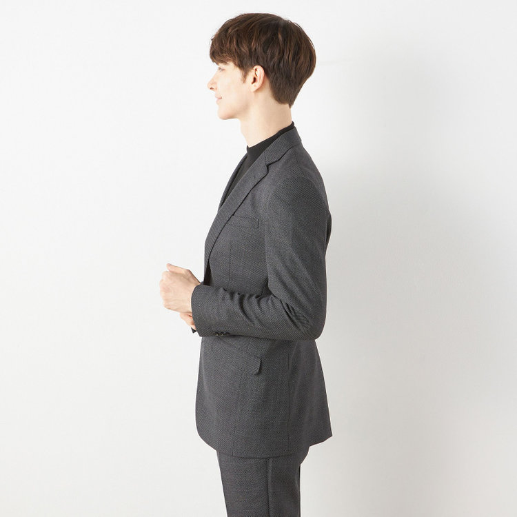 ブラックライン 【SLIM TAPERED_2】【秋冬】2釦シングルスーツ 0タック/グレー×バーズアイ/ウエストシャーリング/4S SUSTAINABILITY&ECOLOGY FABRIC/※パンツ裾上げ済仕様 グレー中間