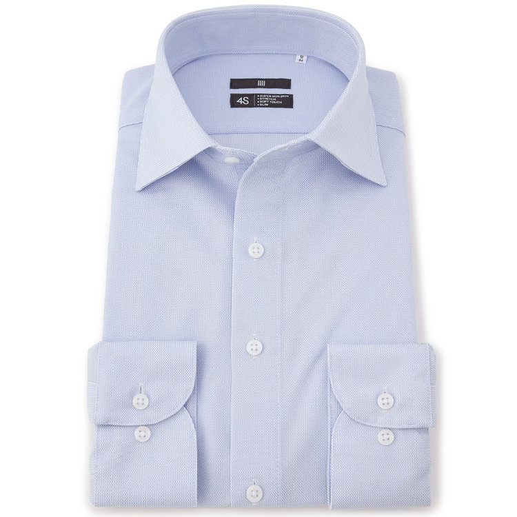 スーツセレクト 【発送在庫あり】【BLACK LINE】ワイドカラーワイシャツ/ブルー×ドビー/「4S」スーパーノンアイロン・ストレッチ 青淡色
