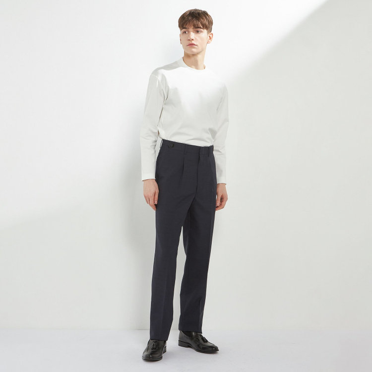 ソノタ 【BLACK LINE】【春夏】1タックワイドシルエットパンツ/ネイビー×サイロフィル/NEW ZEALAND WOOL MIX Super100’s/※裾上げ必要 紺中間