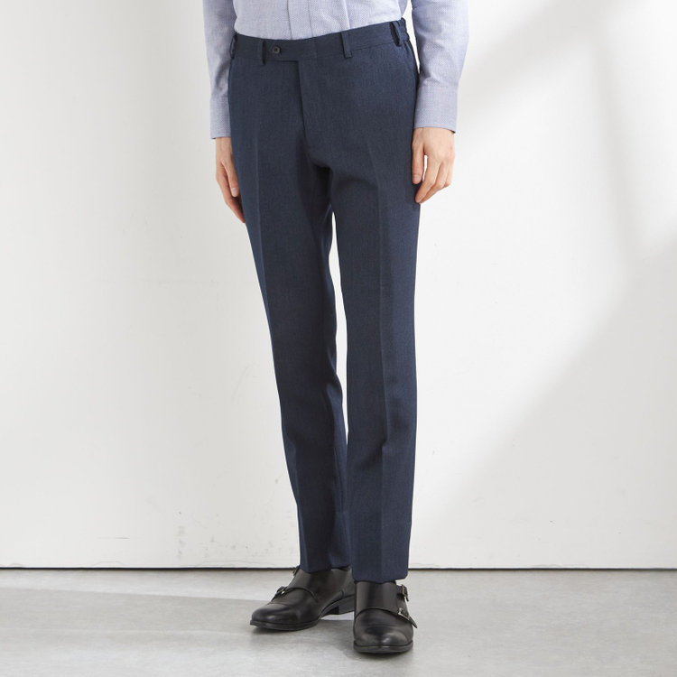 ブラックライン 【SLIM TAPERED_2】【秋冬】2釦シングルスリーピーススーツ 0タック/ネイビー×シャドーストライプ/ウエストシャーリング/4S SUSTAINABILITY&ECOLOGY FABRIC/※パンツ裾上げ済仕様 紺濃色