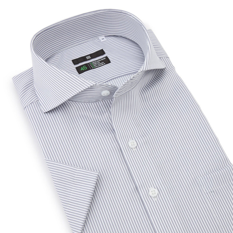 スーツセレクト 【発送在庫あり】【BLACK LINE/半袖】ホリゾンタルワイドワイシャツ/グレー＆ホワイト×ストライプ/「4S COTTON」スーパーノンアイロン・ストレッチ グレー中間