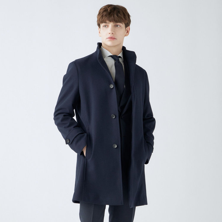 ブラックライン 【発送在庫あり】【BL】スタンドカラーチェスターコート/ネイビー×ハウンドトゥース 紺中間