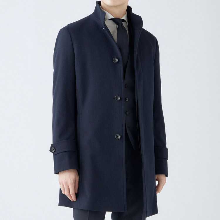 ブラックライン 【発送在庫あり】【BL】スタンドカラーチェスターコート/ネイビー×ハウンドトゥース 紺中間