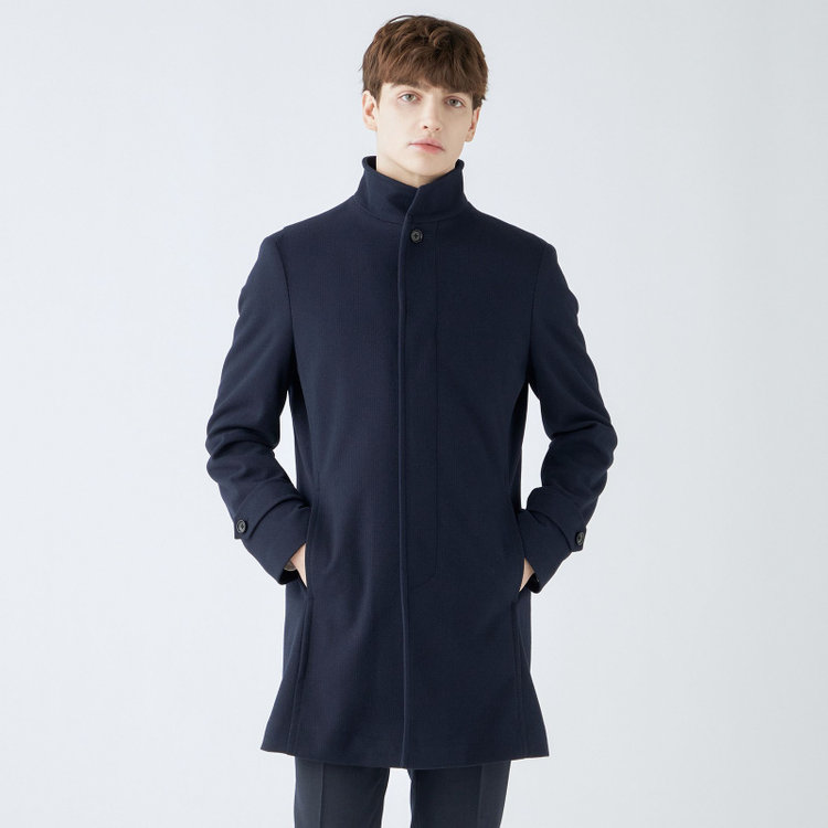 ブラックライン 【発送在庫あり】【BL】スタンドカラーチェスターコート/ネイビー×ハウンドトゥース 紺中間