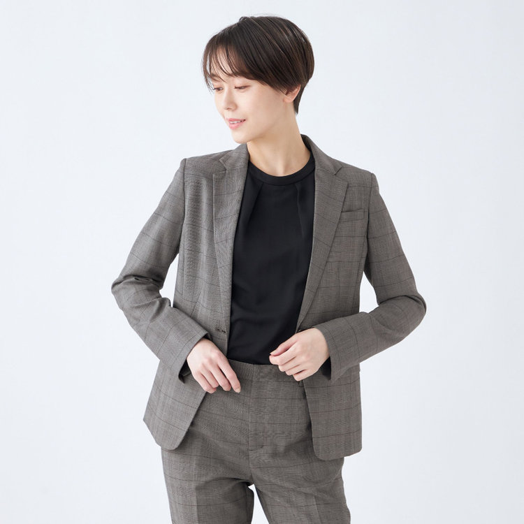 シルバーライン 【SL】【年間】1釦シングル 2Way スカート&パンツスーツ/グレー×チェック/ウエストシャーリング仕様/ウォッシャブル/※パンツ裾上げ済仕様 グレー中間