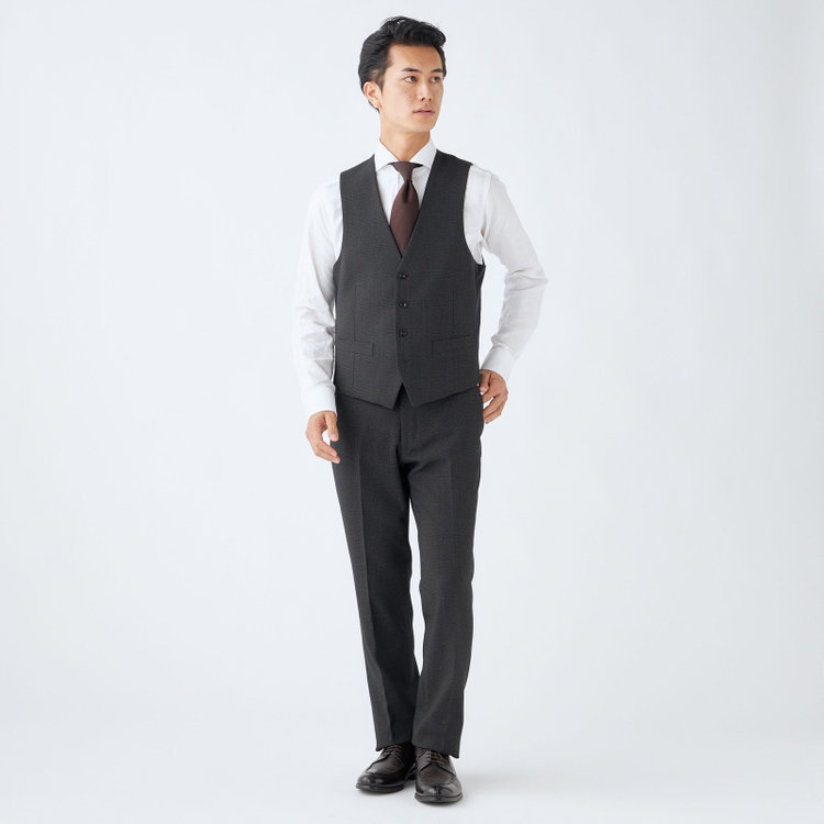 ブラックライン 【SLIM TAPERED_2】【秋冬】2釦シングルスリーピーススーツ 0タック/グレー×チェック/ウエストシャーリング/4S SUSTAINABILITY&ECOLOGY FABRIC/※パンツ裾上げ済仕様 グレー濃色