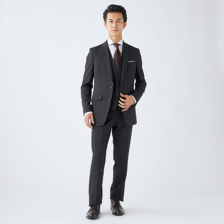 ブラックライン 【SLIM TAPERED_2】【秋冬】2釦シングルスリーピーススーツ 0タック/グレー×チェック/ウエストシャーリング/4S SUSTAINABILITY&ECOLOGY FABRIC/※パンツ裾上げ済仕様 グレー濃色