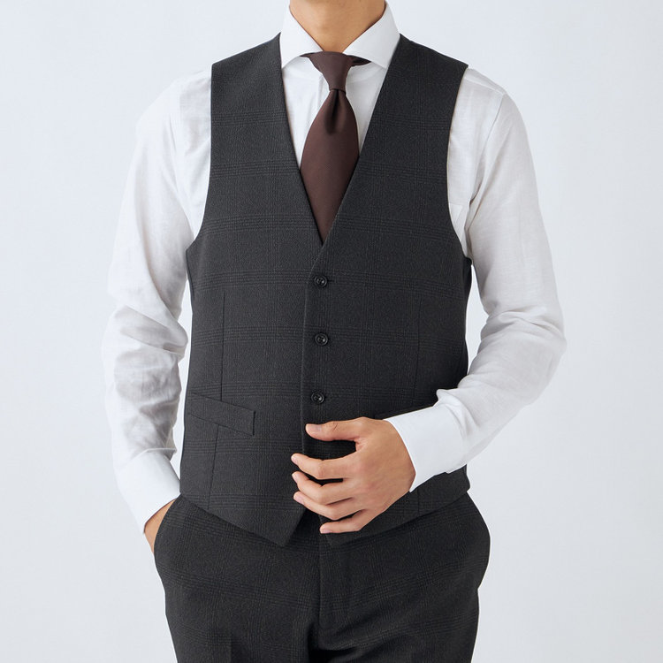 ブラックライン 【SLIM TAPERED_2】【秋冬】2釦シングルスリーピーススーツ 0タック/グレー×チェック/ウエストシャーリング/4S SUSTAINABILITY&ECOLOGY FABRIC/※パンツ裾上げ済仕様 グレー濃色